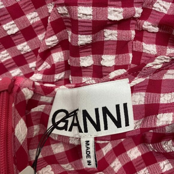 NEW GANNI Women's Seersucker Cut-Out Checked Mini Dress Red/White Size 8 - Picture 3 of 13